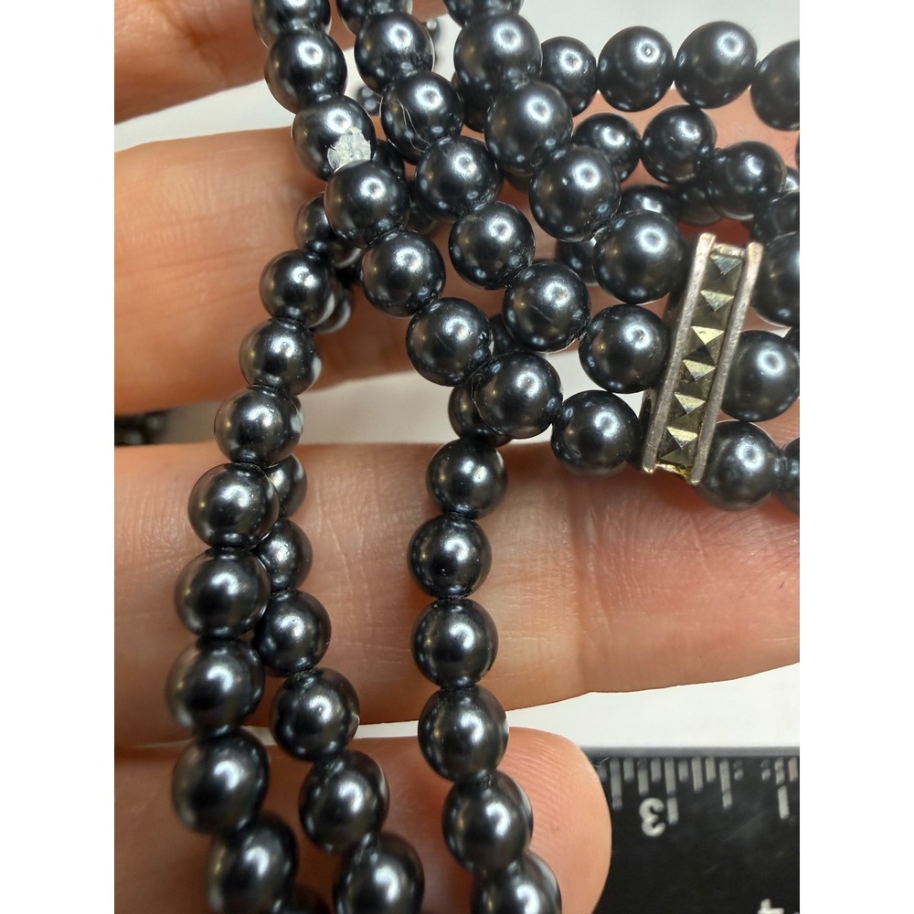 Sterling Silver 925 Triple Strand Dark Grey Pearl Bead Adjustable Necklace